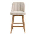 Tabouret de bar avec dossier en polyester bouclé écru pieds hévéa massif chêne naturel repose-pieds laiton brossé 50 x 54 x 103 cm