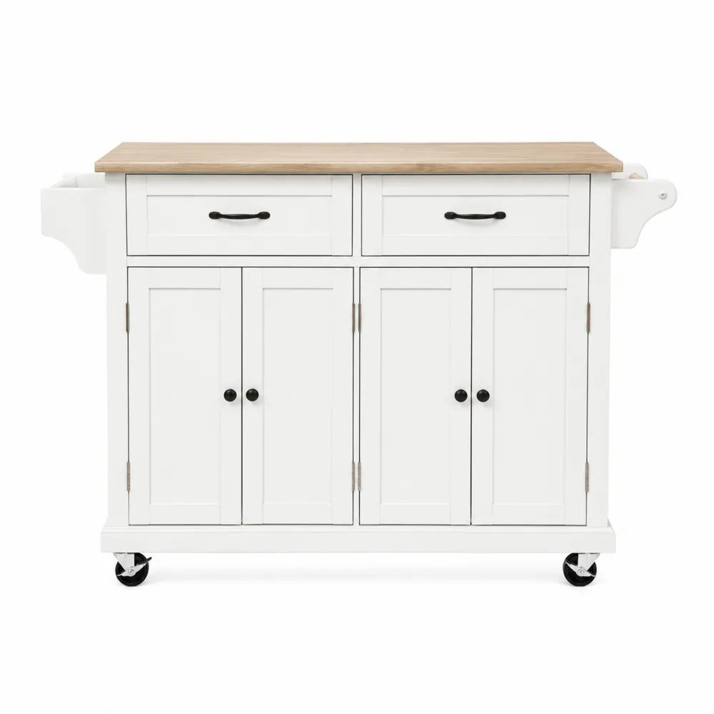 Desserte de cuisine à roulettes avec 2 tiroirs et 4 portes en MDF peint blanc plan de travail en bois chêne clair 118 cm x 46 cm x 90 cm blanc chêne clair noir