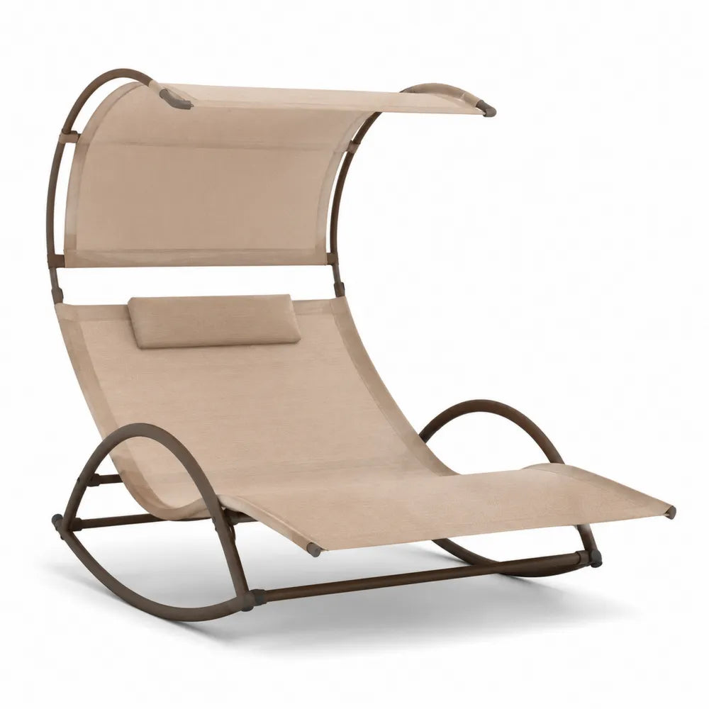 Chaise longue de jardin à bascule avec auvent 188 x 72 x 110 cm en acier thermolaqué brun foncé et textilène beige
