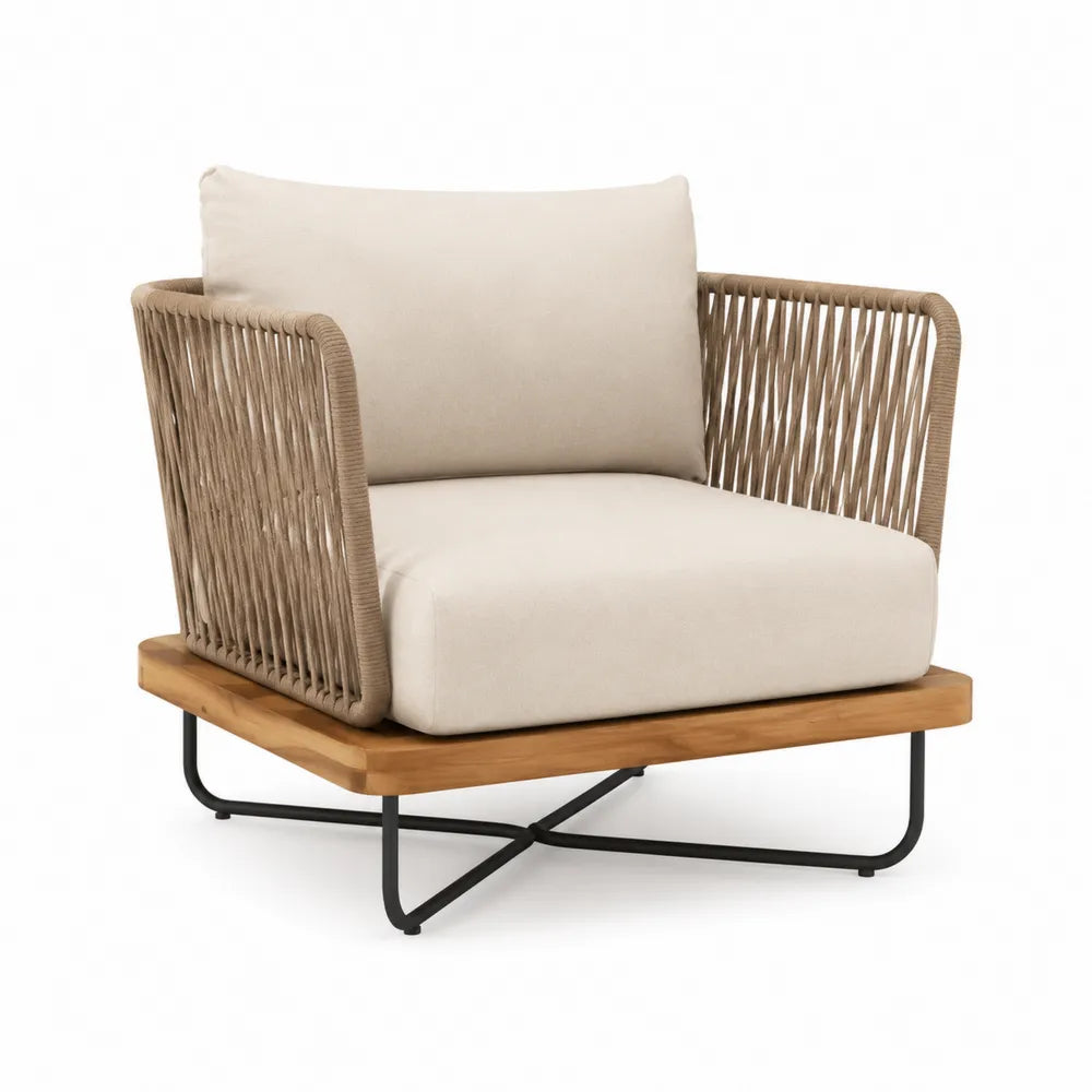 Fauteuil de jardin avec coussins en corde polyester et bois massif structure métal noir 90 x 82 x 78 cm beige