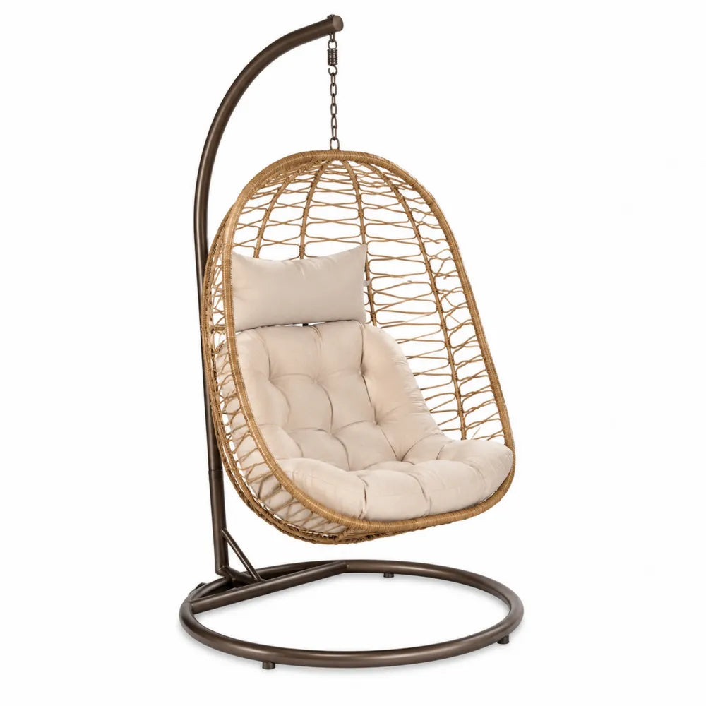Fauteuil suspendu œuf de jardin avec support acier résine tressée PE rotin naturel coussins crème 105 x 95 x 196 cm
