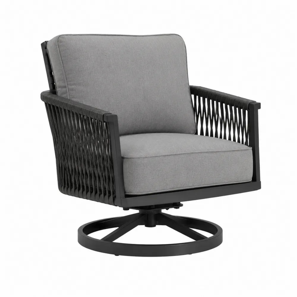 Fauteuil de jardin pivotant 76 x 78 x 88 cm en aluminium peint noir corde polyester gris et coussins gris
