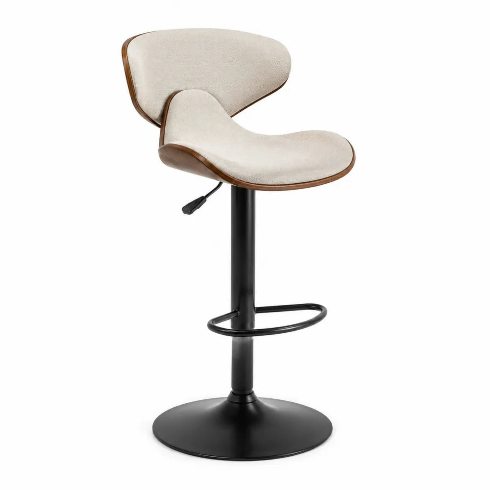 Tabouret de bar réglable pivotant avec dossier ergonomique en tissu beige base en métal noir et bois 55 cm x 52 cm x 88-108 cm