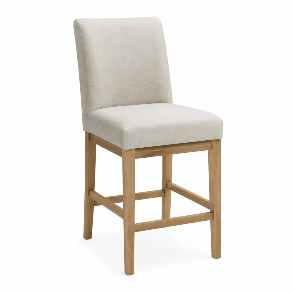 Tabouret de bar avec dossier haut rembourré en polyester beige pieds hévéa massif finition chêne clair 45 x 53 x 108 cm