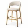 Tabouret de bar avec dossier en polyester bouclé beige et pieds en hévéa massif bois naturel avec repose-pieds doré 50 x 56 x 105 cm