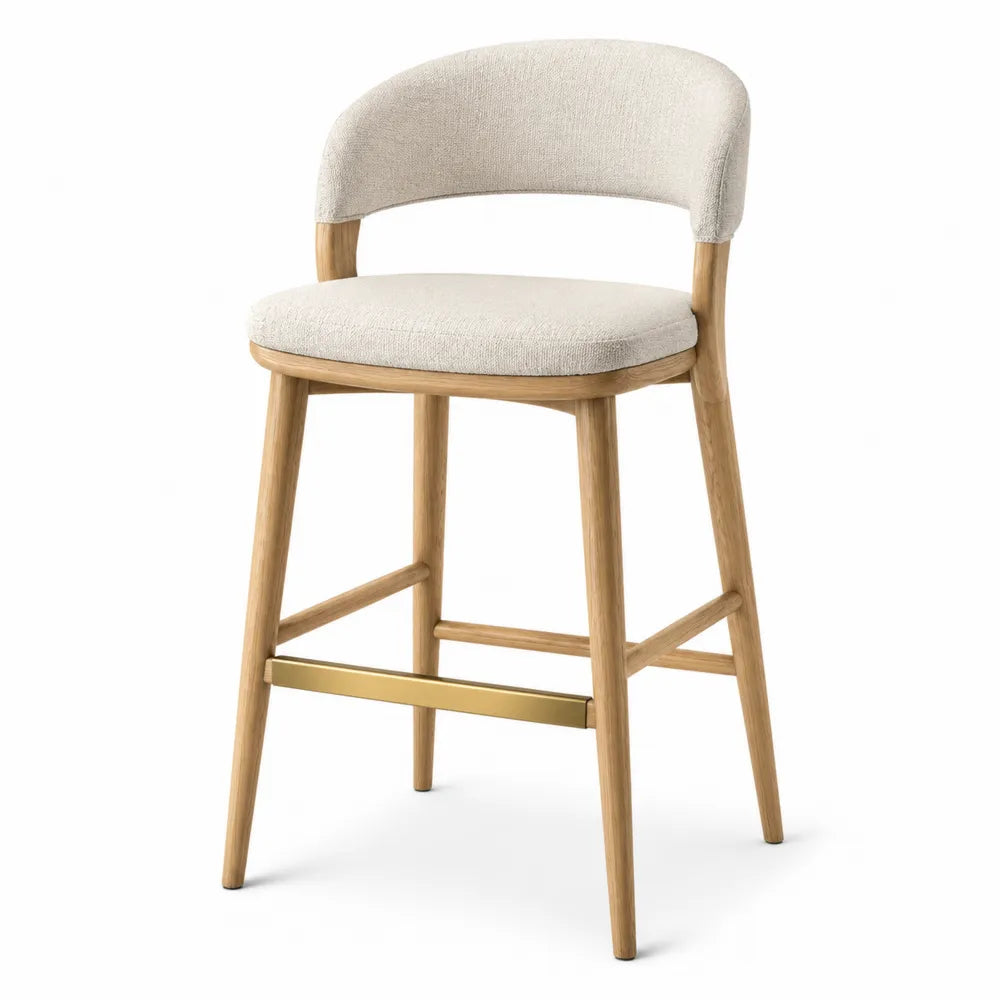Tabouret de bar avec dossier en polyester bouclé beige et pieds en hévéa massif bois naturel avec repose-pieds doré 50 x 56 x 105 cm