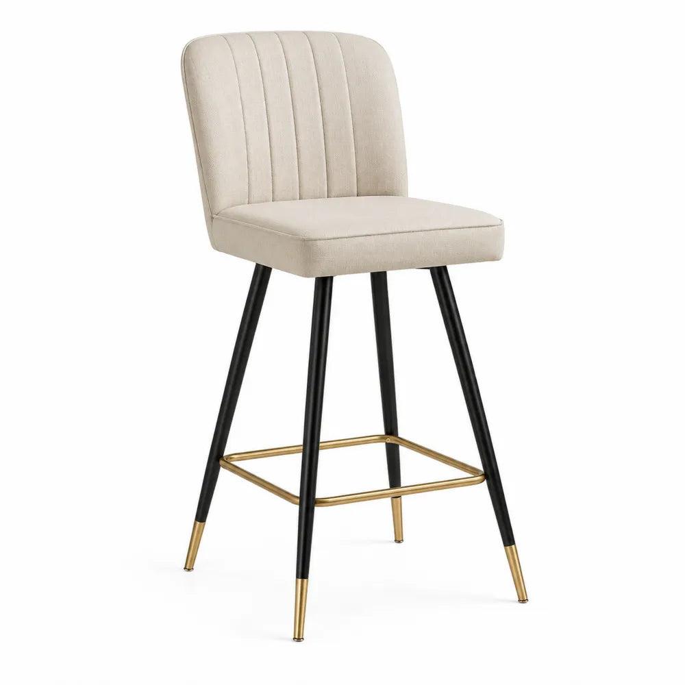 Tabouret de bar avec dossier rembourré en tissu beige et pieds en métal noir avec repose-pieds doré 48 cm x 52 cm x 95 cm