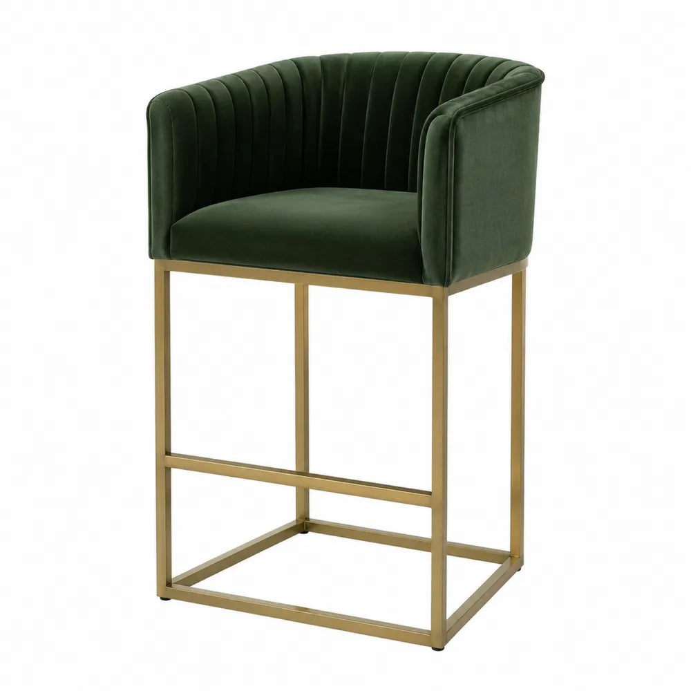 Tabouret de bar avec dossier et accoudoirs en velours polyester vert foncé piètement acier doré 61 x 54 x 101 cm