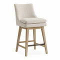 Tabouret de bar avec dossier en tissu beige et structure en bois naturel avec repose-pieds en métal noir