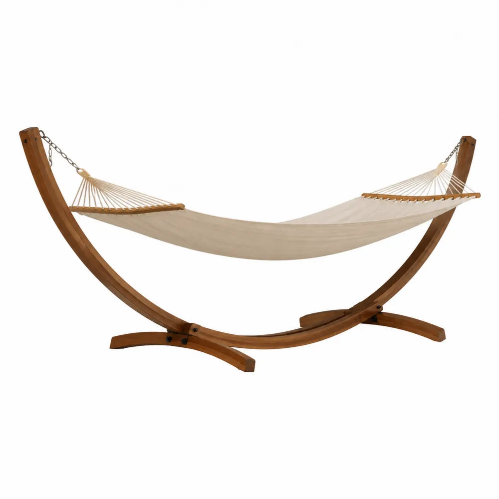 Hamac suspendu avec support arqué 320 x 120 x 120 cm en bois massif et toile polyester coton écru