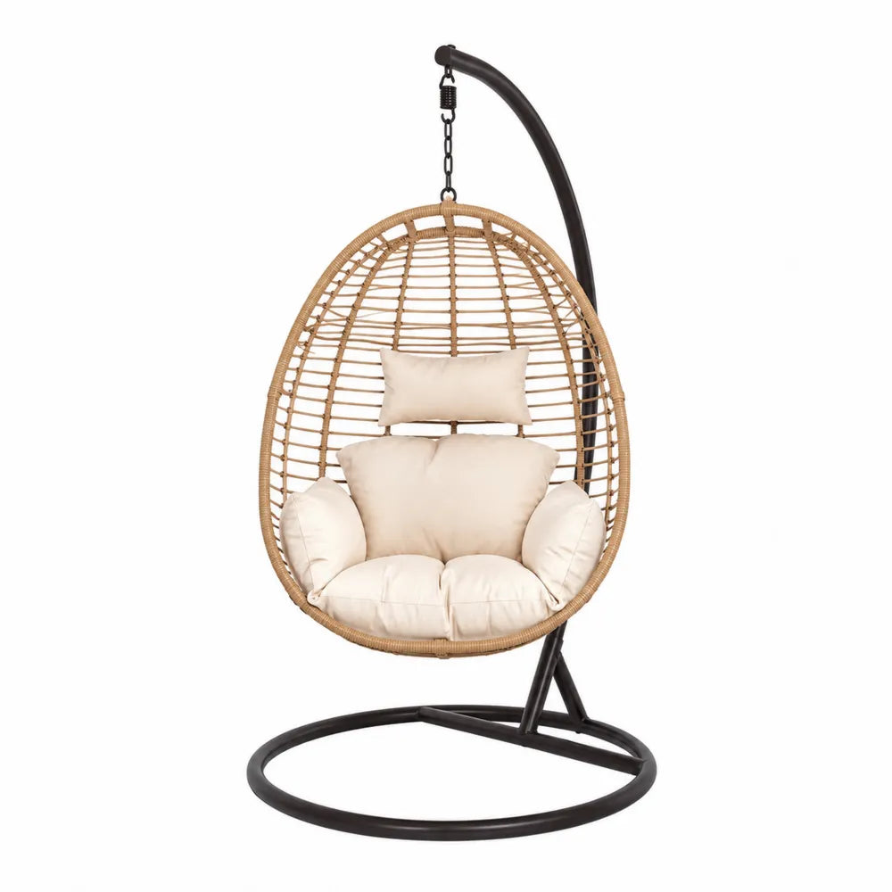 Fauteuil suspendu œuf avec support acier noir résine tressée PE beige et coussins polyester 105 x 105 x 195 cm