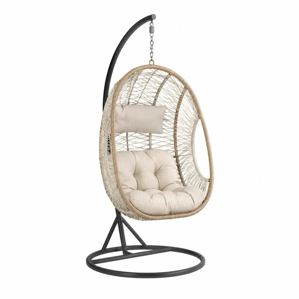 Fauteuil suspendu œuf 105 cm x 95 cm x 196 cm en résine tressée PE beige avec support en acier noir et coussins crème