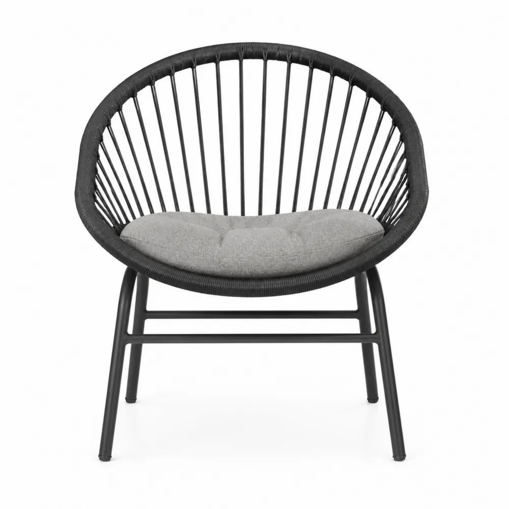 Fauteuil de jardin rond en acier peint noir corde polyester et coussin polyester gris 78 cm x 75 cm x 82 cm