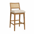 Tabouret de bar avec dossier en cannage de rotin naturel assise polyester beige cadre hévéa massif bois naturel repose-pieds doré 50 x 53 x 104 cm