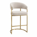 Tabouret de bar avec dossier enveloppant en polyester bouclé beige et structure en acier doré 56 x 52 x 96 cm