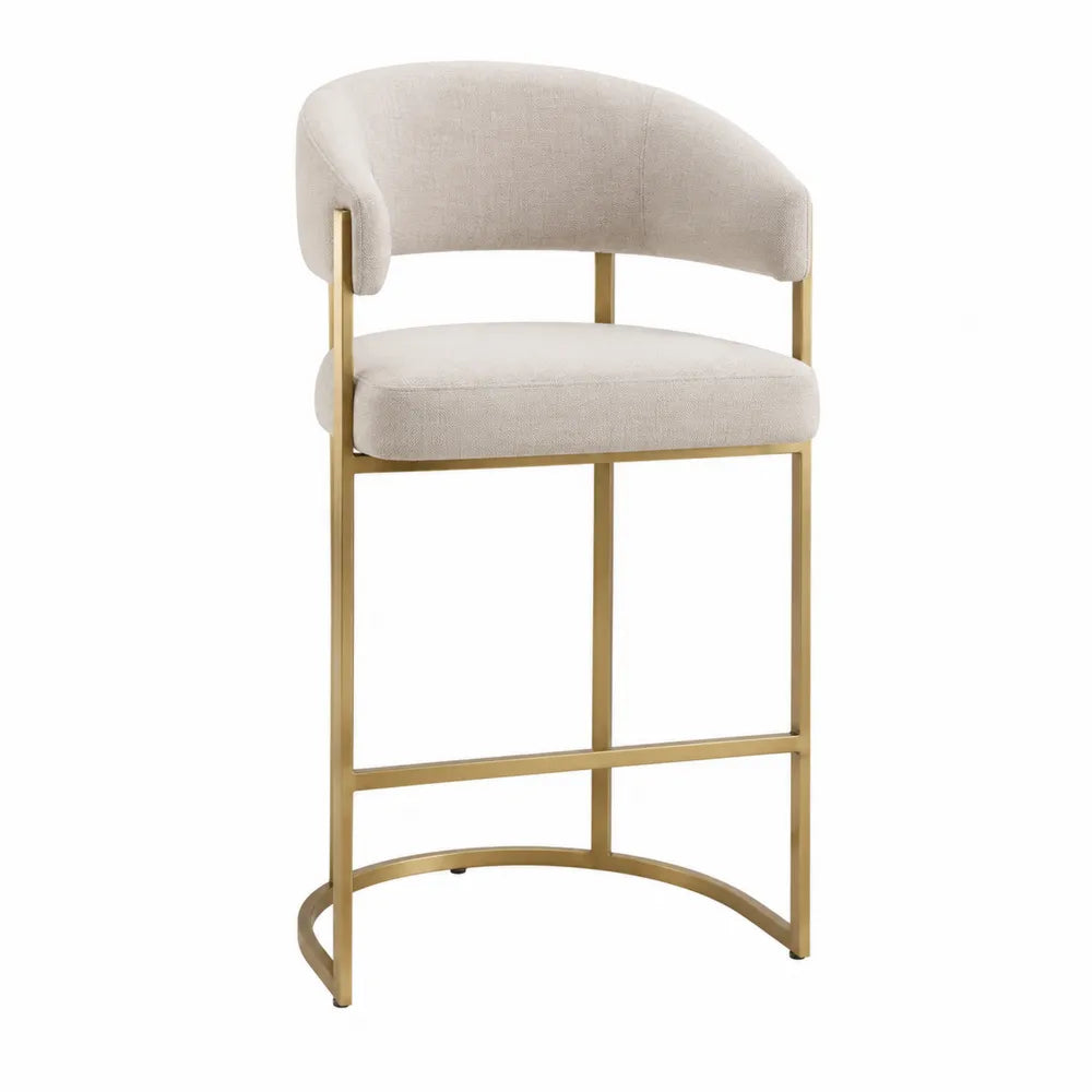 Tabouret de bar avec dossier enveloppant en polyester bouclé beige et structure en acier doré 56 x 52 x 96 cm