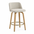 Tabouret de bar avec dossier bas rembourré en polyester bouclé beige pieds hévéa massif chêne clair repose-pieds doré 50 x 52 x 96 cm