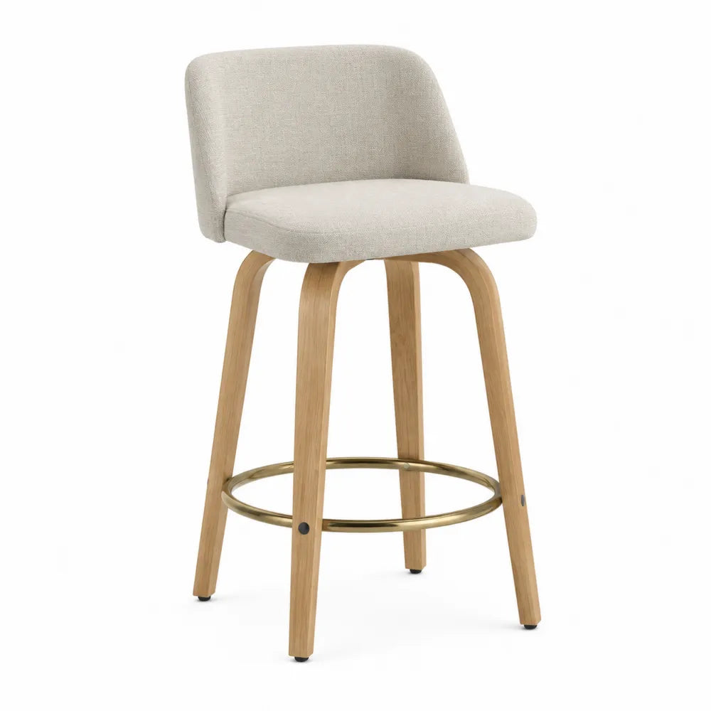 Tabouret de bar avec dossier bas rembourré en polyester bouclé beige pieds hévéa massif chêne clair repose-pieds doré 50 x 52 x 96 cm