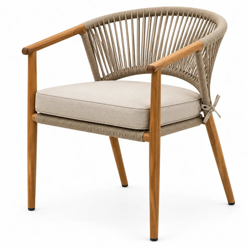 Fauteuil de jardin avec accoudoirs en bois naturel corde tressée et coussin polyester beige 62 cm x 65 cm x 78 cm