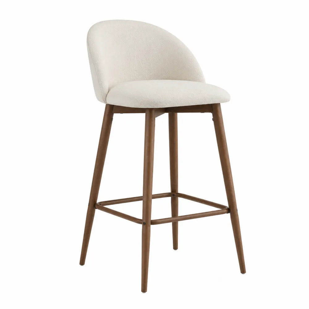 Tabouret de bar avec dossier assise bouclée écru bois d’hévéa teinté noyer 54 cm x 54 cm x 96 cm
