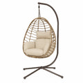 Fauteuil suspendu de jardin œuf avec support en acier résine tressée PE beige coussins polyester écru 105 cm x 100 cm x 195 cm