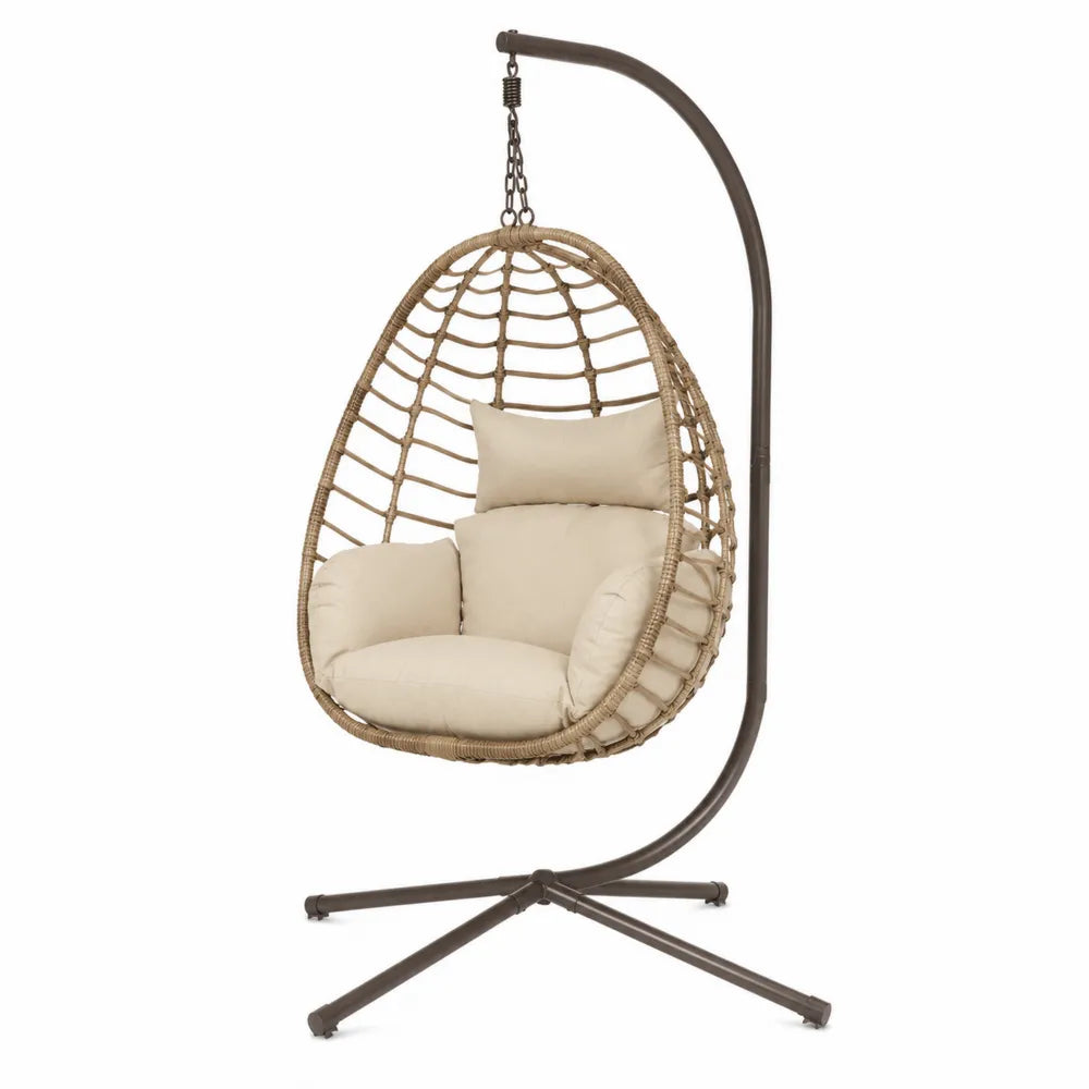 Fauteuil suspendu de jardin œuf avec support en acier résine tressée PE beige coussins polyester écru 105 cm x 100 cm x 195 cm