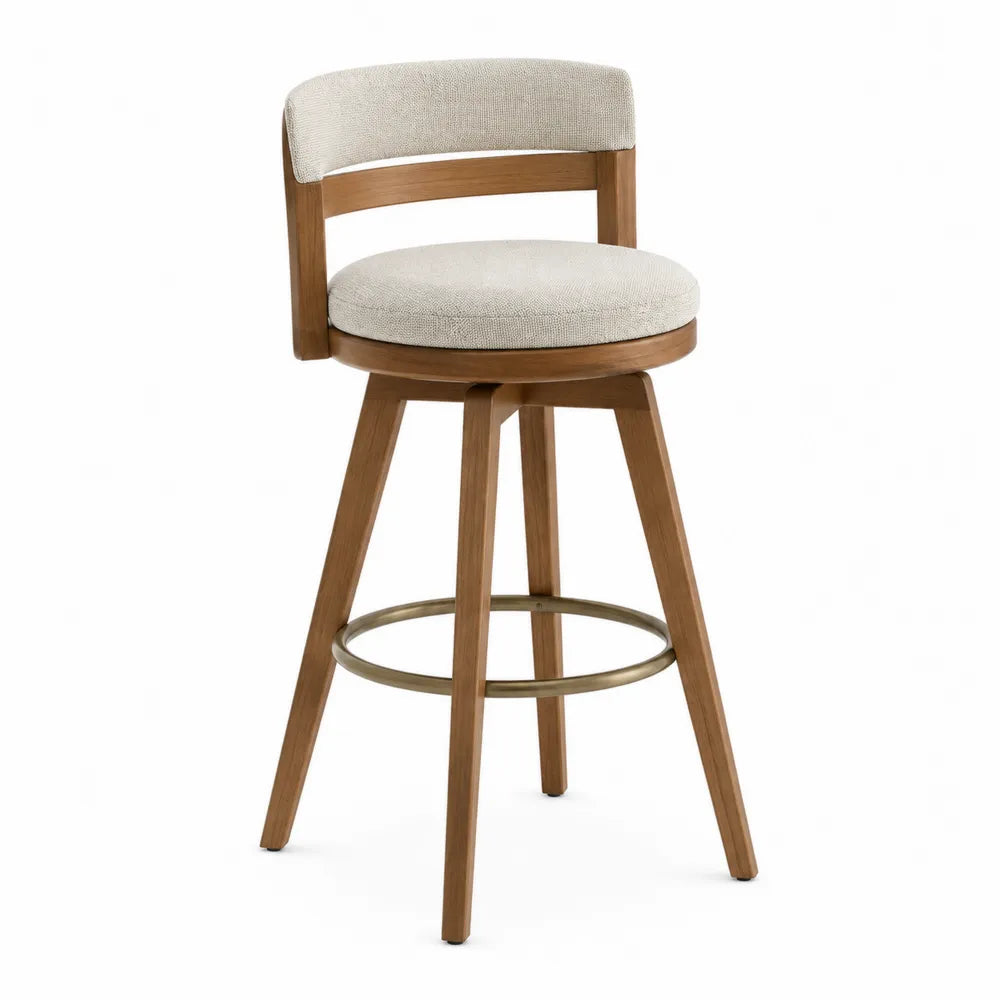 Tabouret de bar avec dossier assise bouclée beige bois d’hévéa chêne clair repose-pieds doré 50 cm x 52 cm x 96 cm