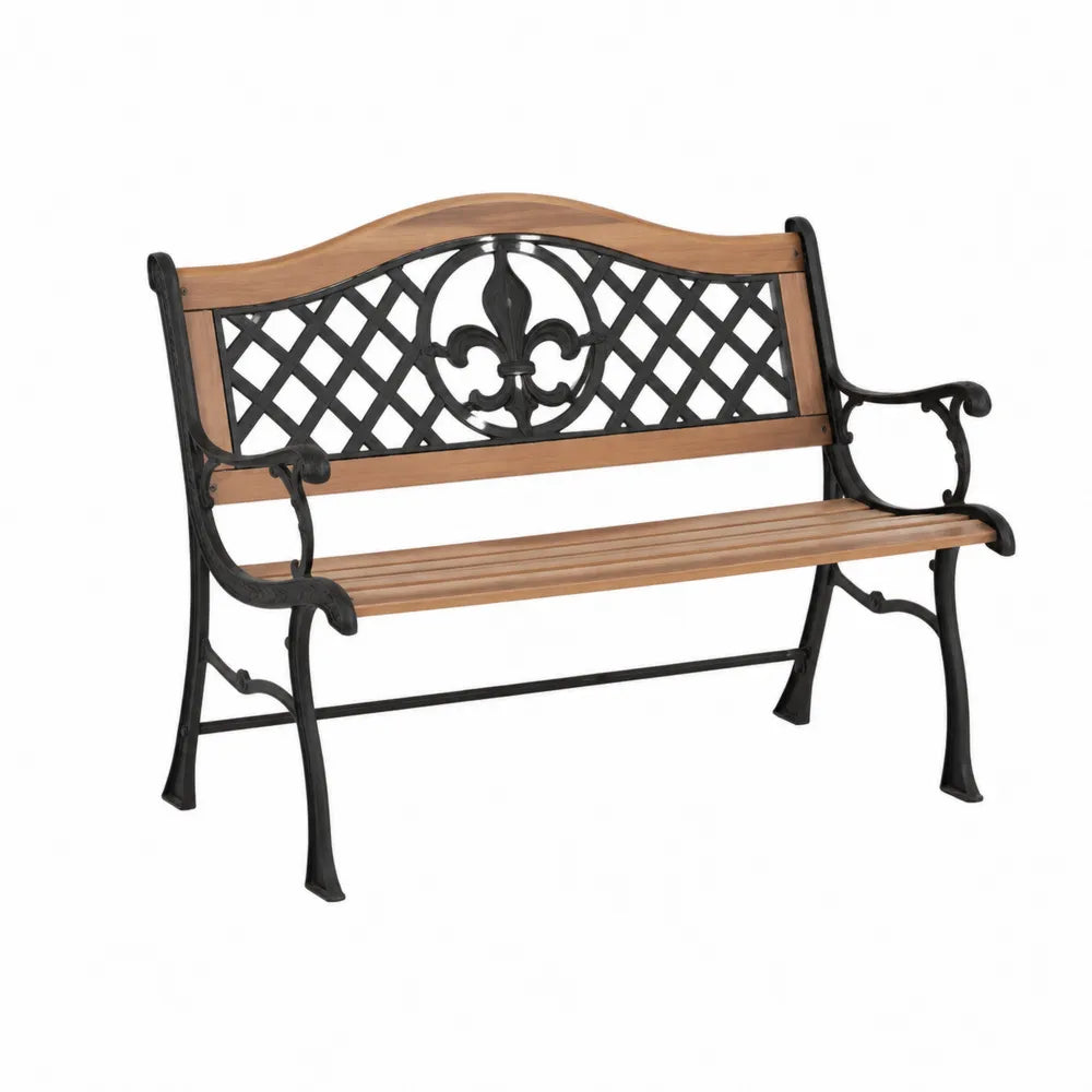 Banc de jardin 2 places en acier noir et bois naturel dossier décoratif 120 cm x 55 cm x 88 cm